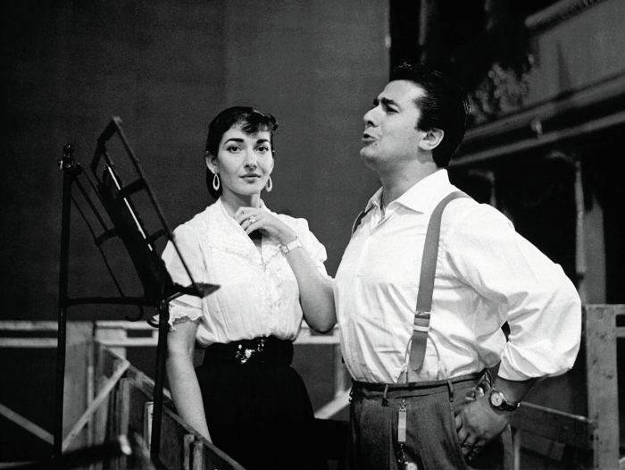 With Giuseppe di Stefano at the recording sessions for <em>Rigoletto</em> at La Scala, Milan